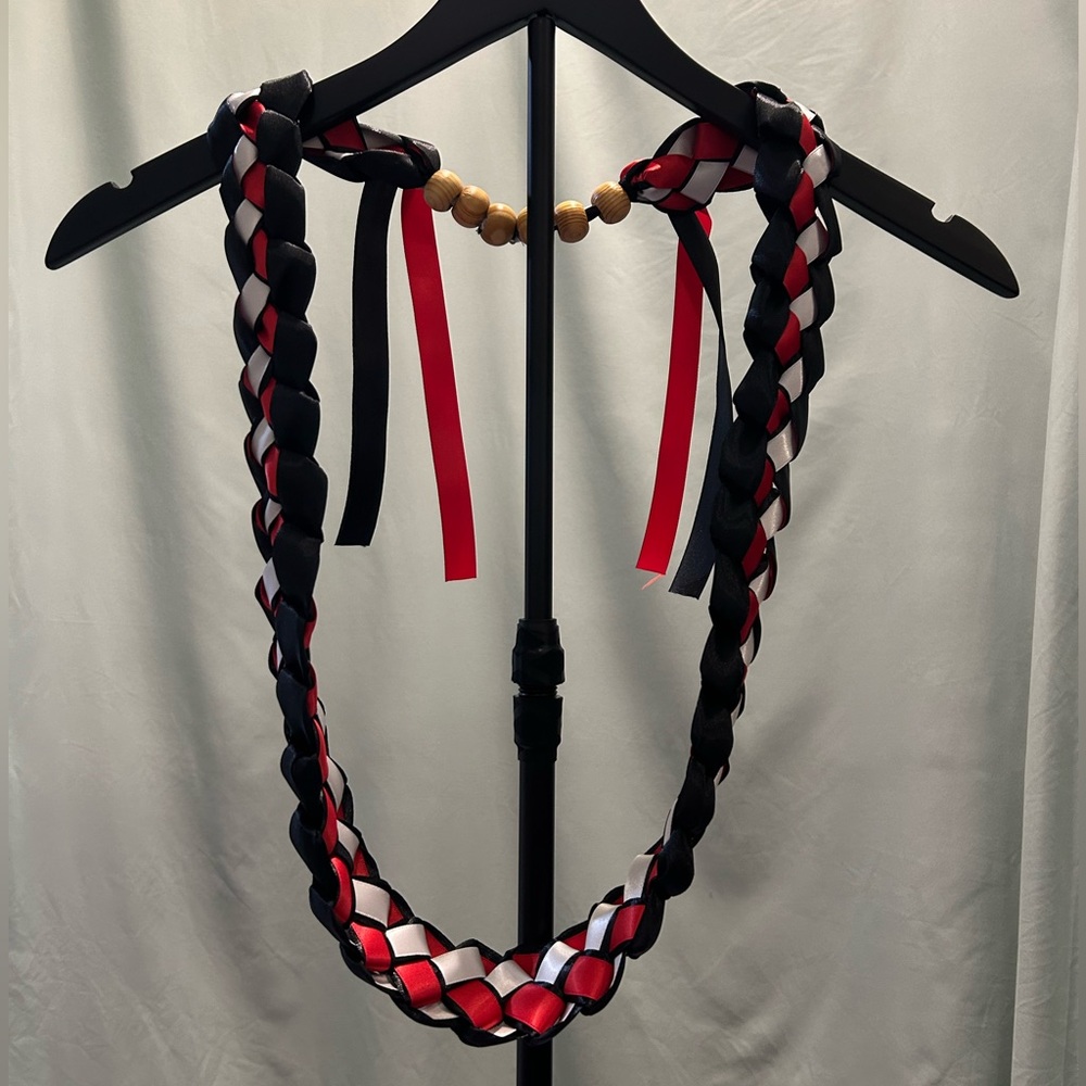 Homemade Elegant Black, Red, White Satin Ribbon Lei with wood bead accent New